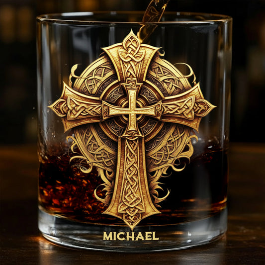 Christmas Golden Celtic Cross - Ornate Faith Decor & Spiritual Gift for Loved Ones - Personalized Christian Whiskey Glass