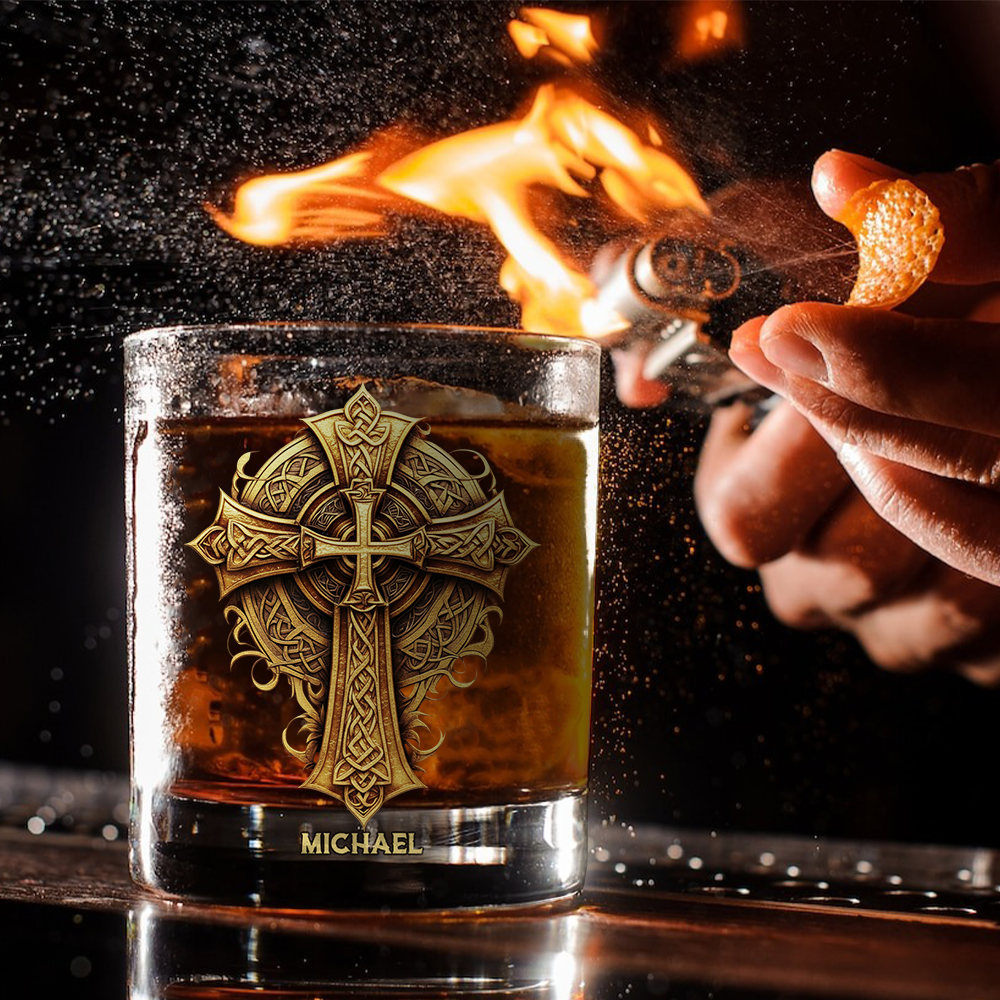 Christmas Golden Celtic Cross - Ornate Faith Decor & Spiritual Gift for Loved Ones - Personalized Christian Whiskey Glass