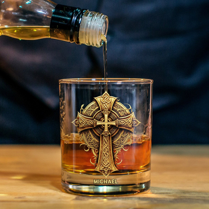 Christmas Golden Celtic Cross - Ornate Faith Decor & Spiritual Gift for Loved Ones - Personalized Christian Whiskey Glass