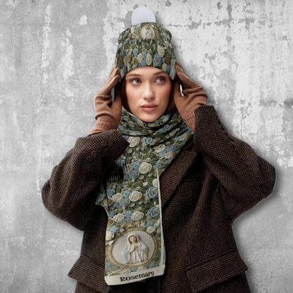 Our Lady's Rose - Personalized Christian Knitted Beanie Hat and Scarf Set