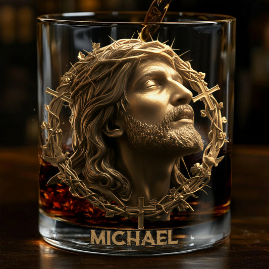 Christmas Jesus Christ Face with Crown of Thorns - Inspirational Religious Art for Christian Gifting - Personalized Christian Whiskey Glass