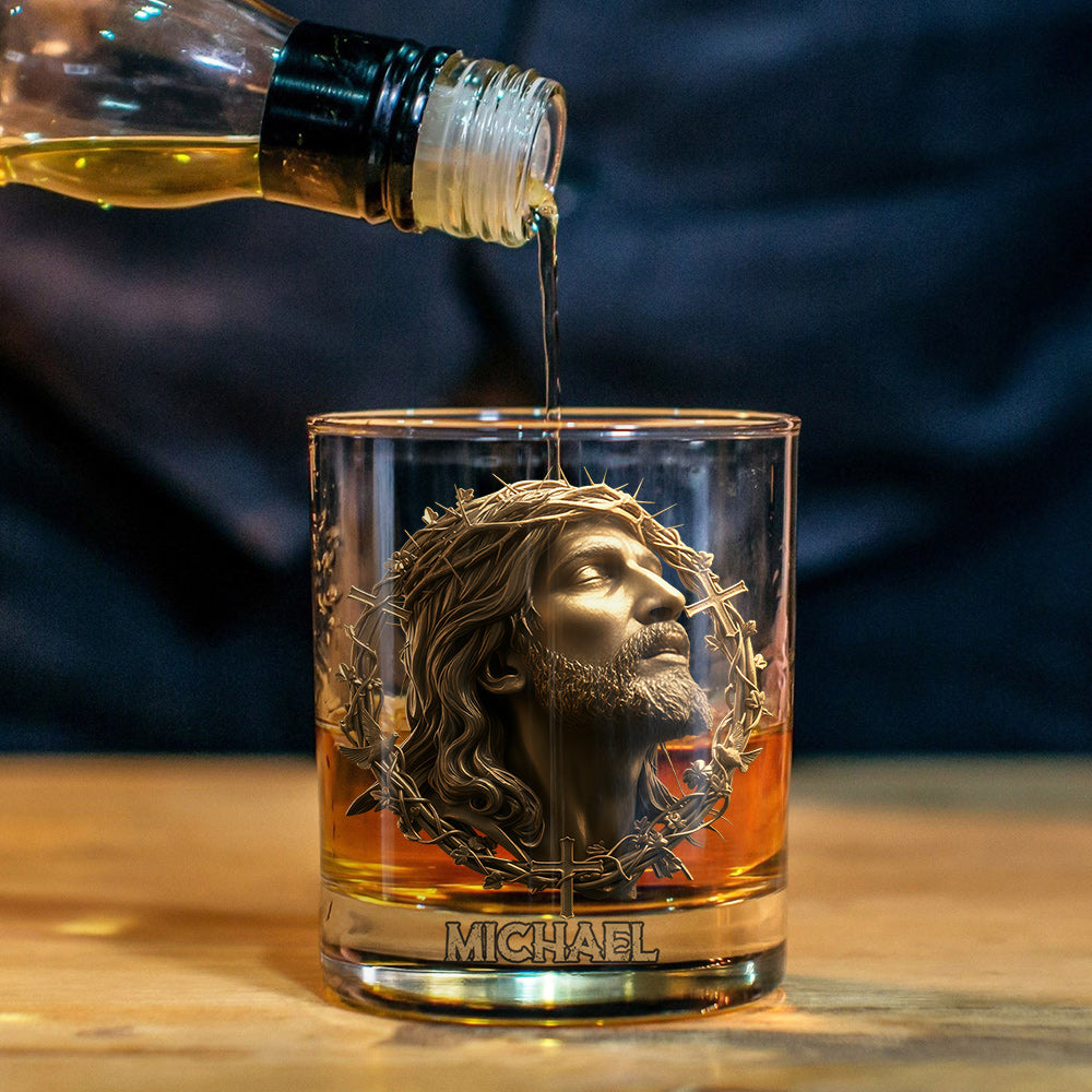Christmas Jesus Christ Face with Crown of Thorns - Inspirational Religious Art for Christian Gifting - Personalized Christian Whiskey Glass