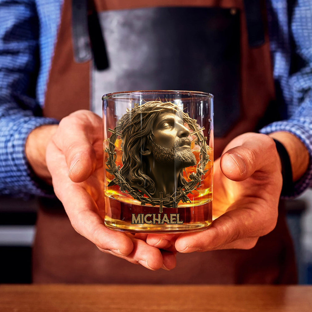 Christmas Jesus Christ Face with Crown of Thorns - Inspirational Religious Art for Christian Gifting - Personalized Christian Whiskey Glass