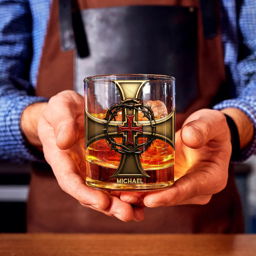 Christmas Golden Cross Crown of Thorns - Personalized Christian Whiskey Glass