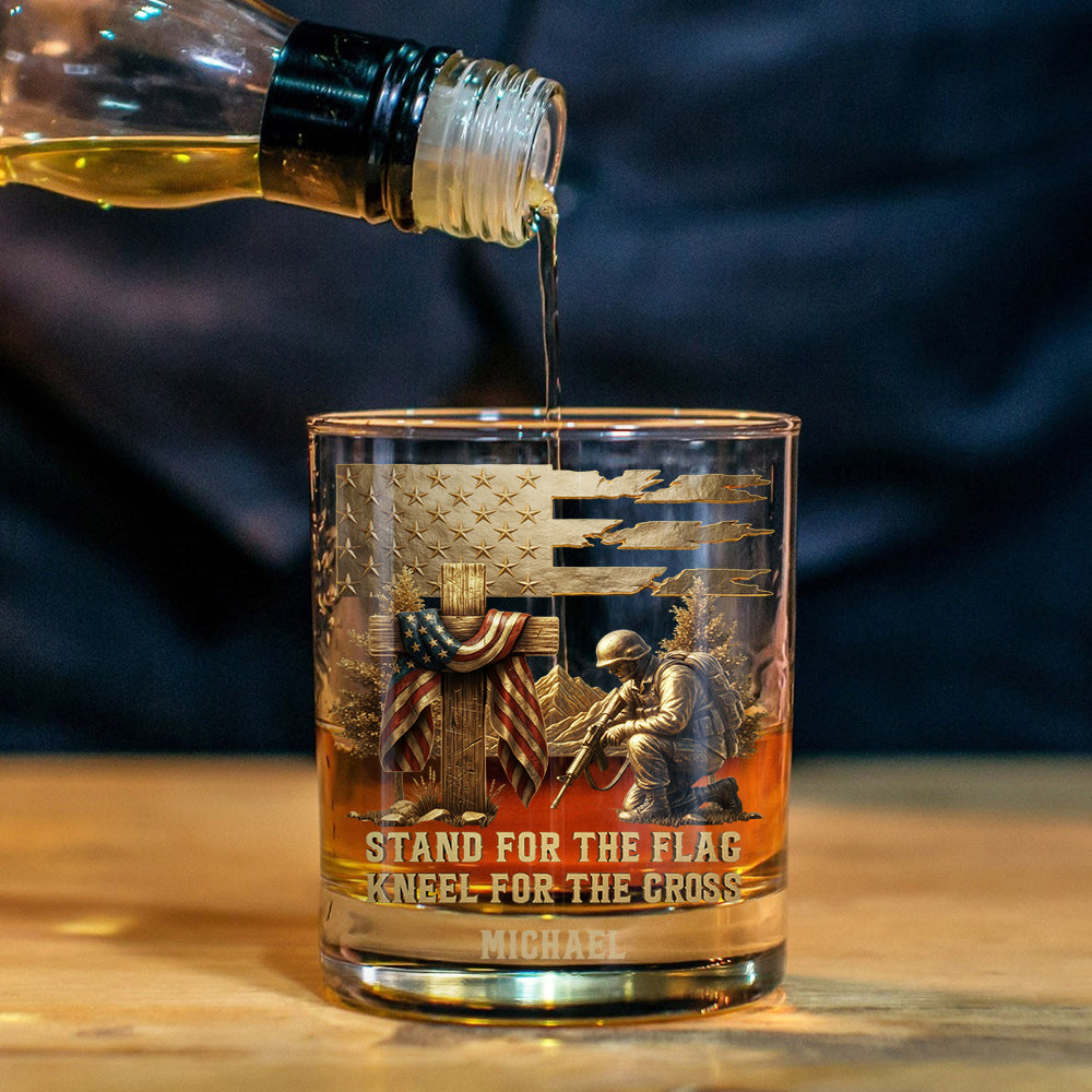 Stand for The Flag Kneel for The Cross - Personalized Christian Whiskey Glass