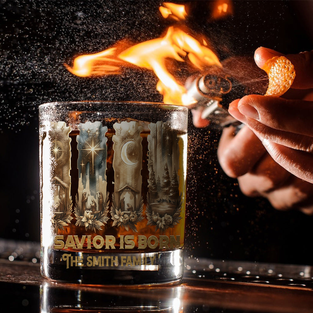 Merry Christmas "A Savior Is Born" Sublimation Whiskey Glass - Inspiring Nativity Scene Spiritual Gift for Christian Men - Personalized Christian Whiskey Glass