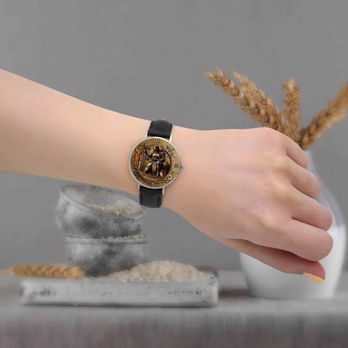 Kneeling Crusader Knight With Sword & Bible - Personalized Christian Hand Watch