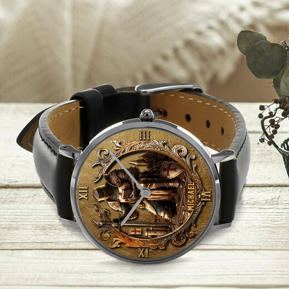 Kneeling Crusader Knight With Sword & Bible - Personalized Christian Hand Watch