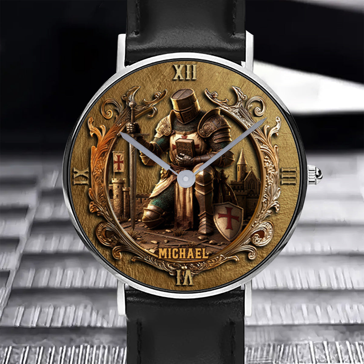 Kneeling Crusader Knight With Sword & Bible - Personalized Christian Hand Watch