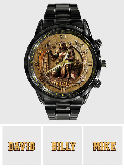 Kneeling Crusader Knight With Sword & Bible - Personalized Christian Hand Watch