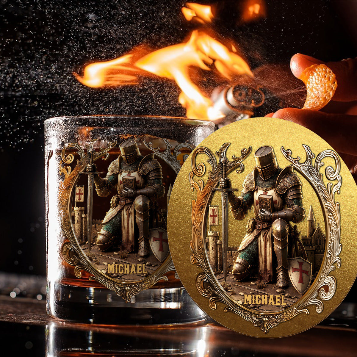 Kneeling Crusader Knight With Sword & Bible - Personalized Christian Whiskey Glass