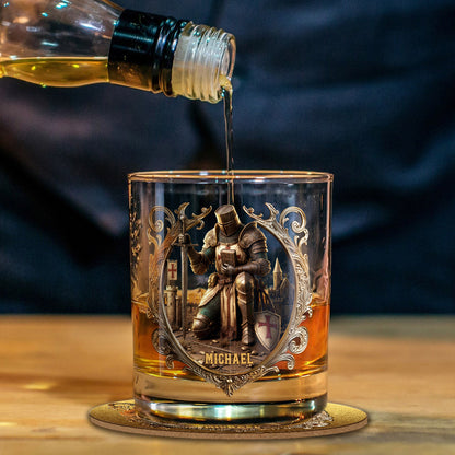 Kneeling Crusader Knight With Sword & Bible - Personalized Christian Whiskey Glass