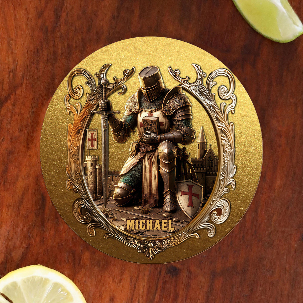 Kneeling Crusader Knight With Sword & Bible - Personalized Christian Whiskey Glass