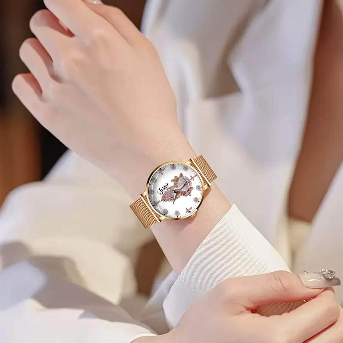 Praying Hands With Roses - Personalized Christian Women Hand Watch