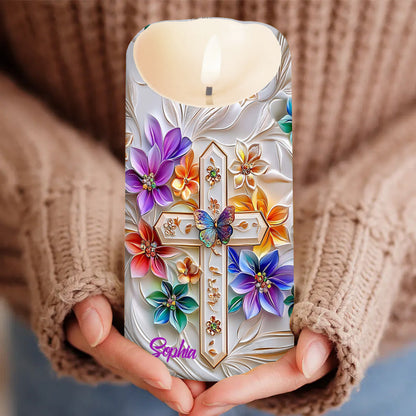 Floral Cross - Personalized Christian Flameless Candle