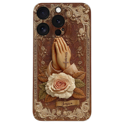 Praying Hands With Roses - Personalized Christian Leather Phone Case