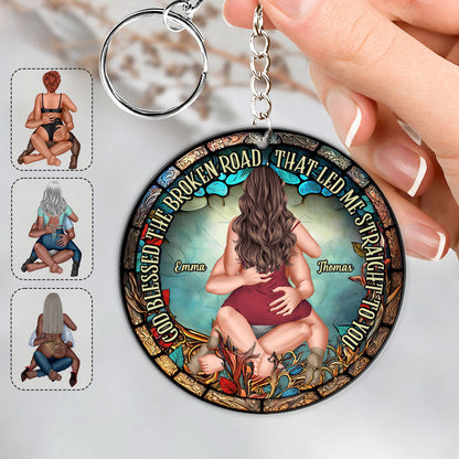 God Blessed The Broken Road That Led Me Straight To You - Personalized Couple Keychain