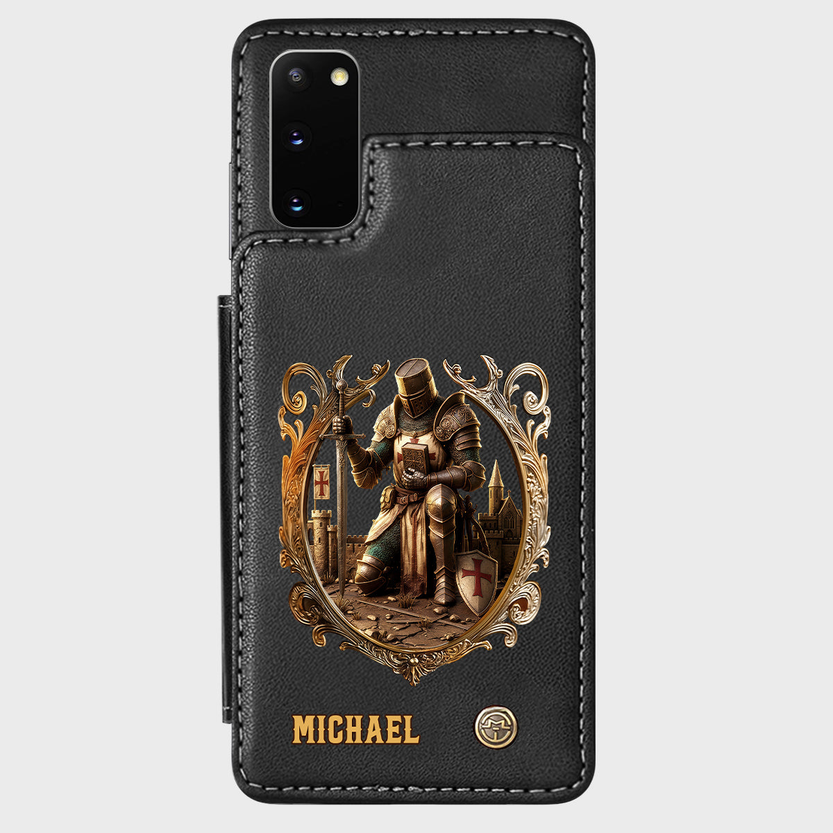 Kneeling Crusader Knight With Sword & Bible - Personalized Christian Wallet Phone Case