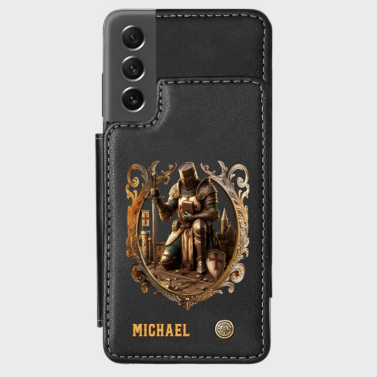 Kneeling Crusader Knight With Sword & Bible - Personalized Christian Wallet Phone Case