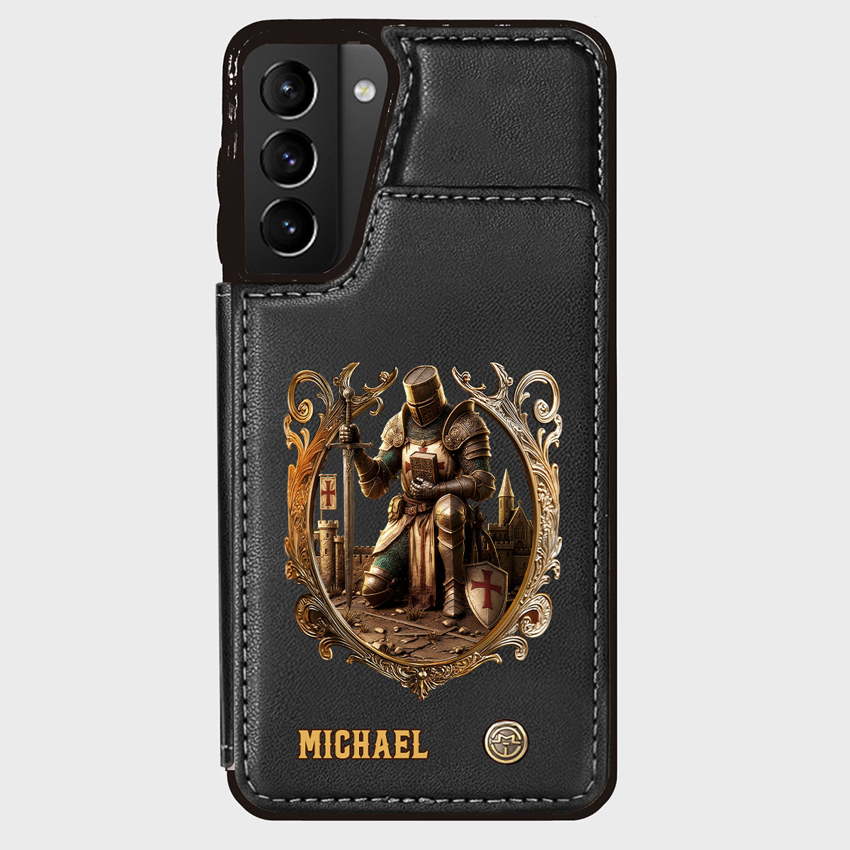 Kneeling Crusader Knight With Sword & Bible - Personalized Christian Wallet Phone Case