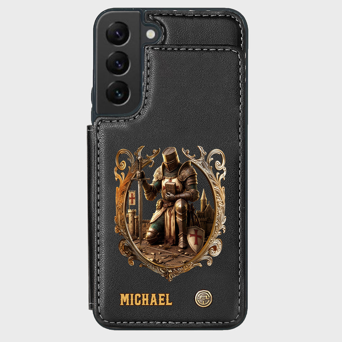 Kneeling Crusader Knight With Sword & Bible - Personalized Christian Wallet Phone Case