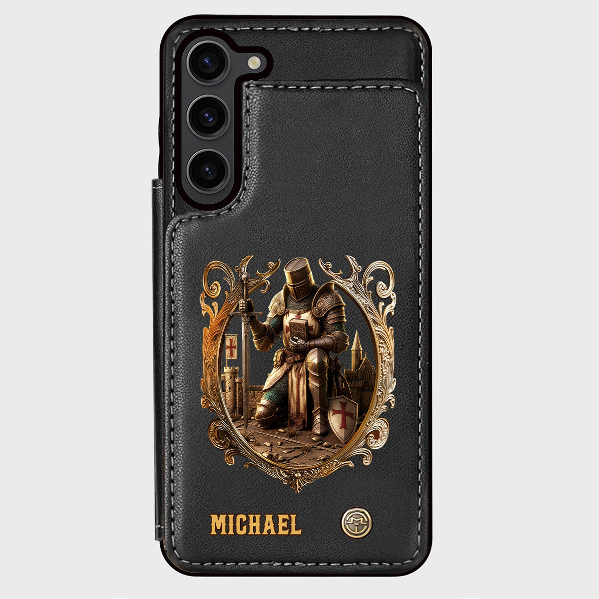 Kneeling Crusader Knight With Sword & Bible - Personalized Christian Wallet Phone Case