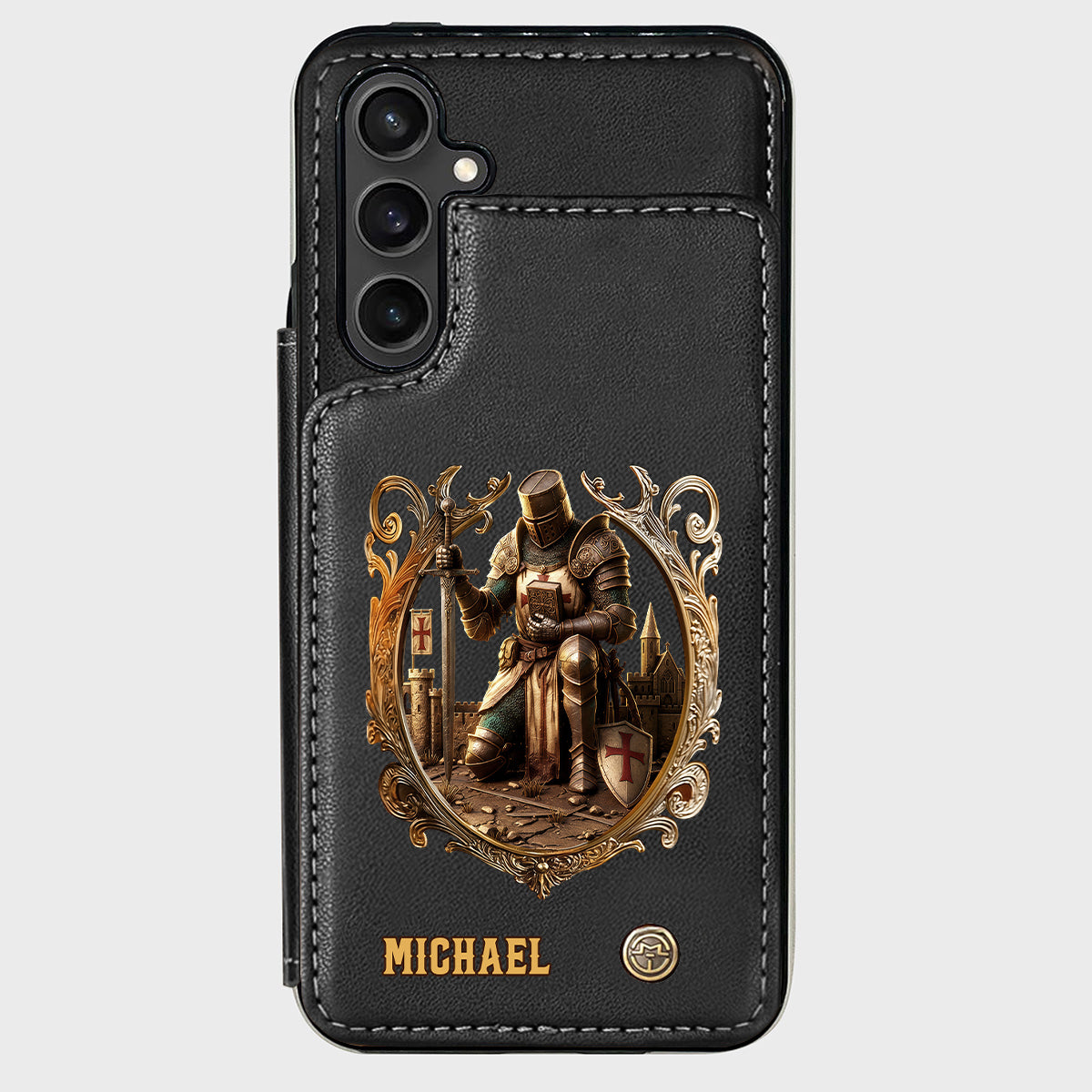 Kneeling Crusader Knight With Sword & Bible - Personalized Christian Wallet Phone Case