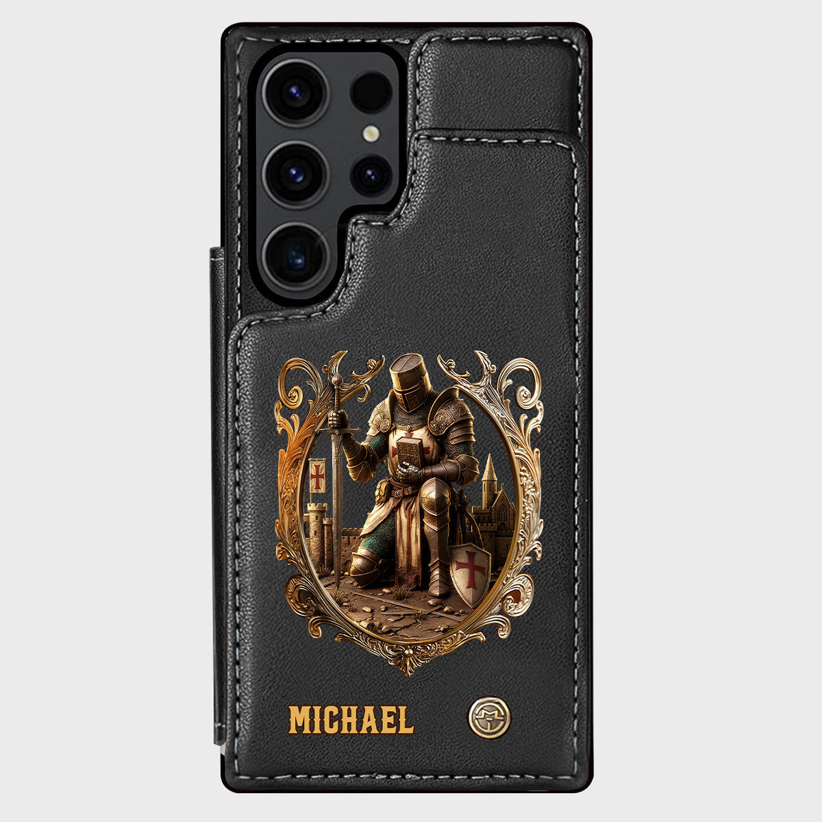 Kneeling Crusader Knight With Sword & Bible - Personalized Christian Wallet Phone Case